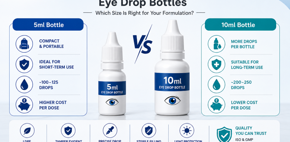 Comparison infographic of 5ml vs 10ml eye drop bottles showing dose capacity, portability, cost per dose, and key LDPE packaging features by Cimpex Packaging.