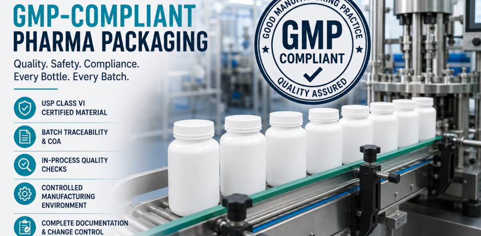GMP-compliant pharmaceutical packaging with white HDPE medicine bottles on an automated production line in a clean manufacturing facility, highlighting USP Class VI materials, batch traceability, quality assurance, and controlled production by Cimpex Packaging.