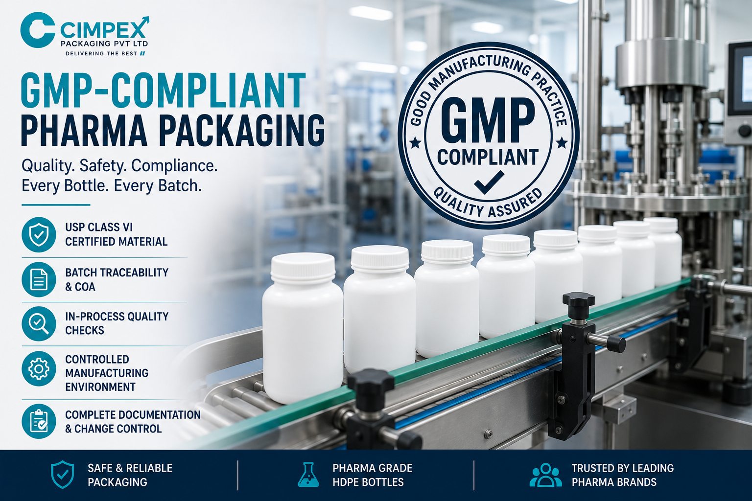 GMP-compliant pharmaceutical packaging with white HDPE medicine bottles on an automated production line in a clean manufacturing facility, highlighting USP Class VI materials, batch traceability, quality assurance, and controlled production by Cimpex Packaging.