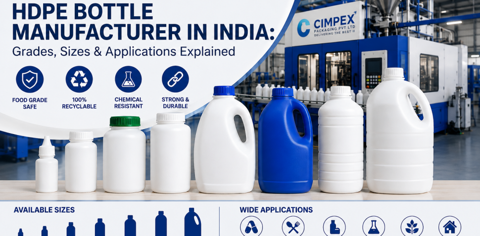 HDPE bottle manufacturer in India showcasing pharmaceutical, cosmetic, food-grade, and chemical HDPE bottles in multiple sizes with advanced manufacturing facility by Cimpex Packaging.