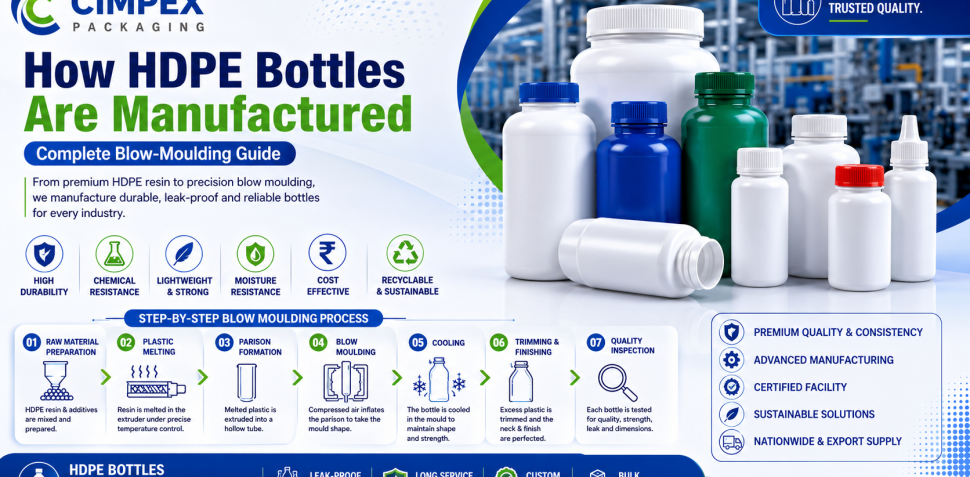 How HDPE bottles are manufactured with complete blow moulding process by Cimpex Packaging.