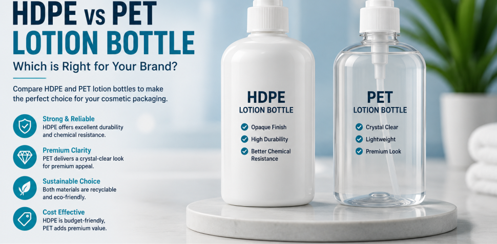 Comparison of HDPE and PET lotion bottles for cosmetic packaging, featuring opaque HDPE and transparent PET pump bottles with key benefits including durability, chemical resistance, premium clarity, recyclability, and cost-effectiveness by Cimpex Packaging.