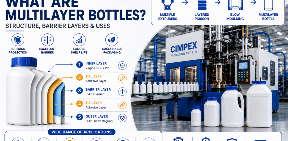 Infographic explaining multilayer bottles with a five-layer structure, coextrusion blow moulding process, EVOH barrier layer, and applications across pharmaceutical, food, cosmetic, and chemical industries.
