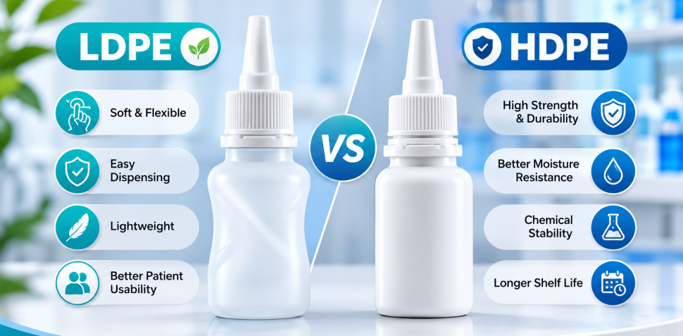 Side-by-side comparison of LDPE and HDPE nasal spray bottles showing flexibility, durability, moisture resistance, and key material differences for pharmaceutical nasal packaging.