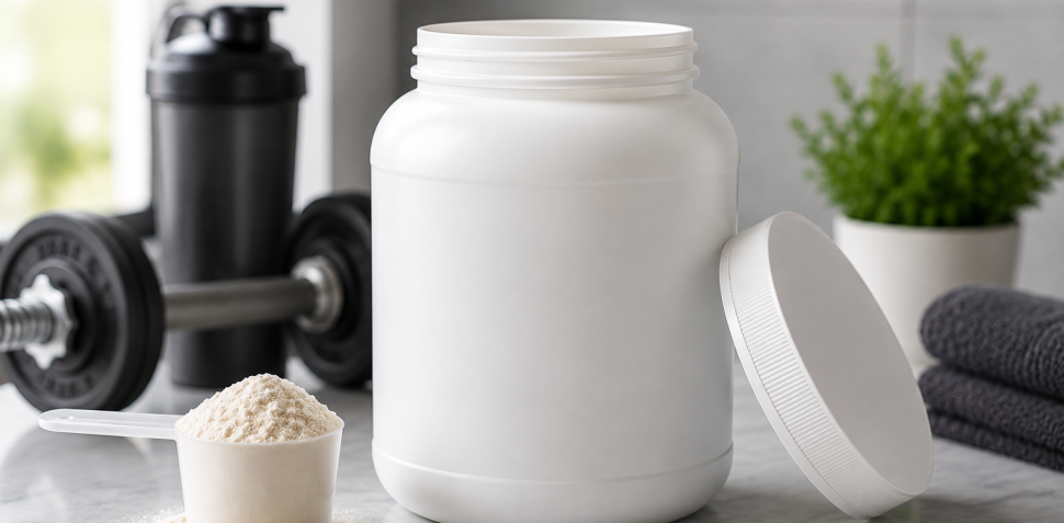 White wide-mouth HDPE nutraceutical jar with a screw cap beside a protein powder scoop, shaker bottle, and gym equipment, representing food-grade supplement packaging by Cimpex Packaging.