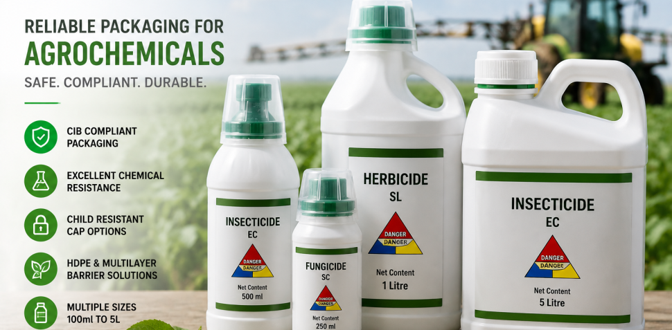 HDPE pesticide bottles in multiple sizes (250ml, 500ml, 1L, and 5L) for agrochemical packaging, featuring CIB-compliant, chemical-resistant containers for insecticides, herbicides, and fungicides by Cimpex Packaging.
