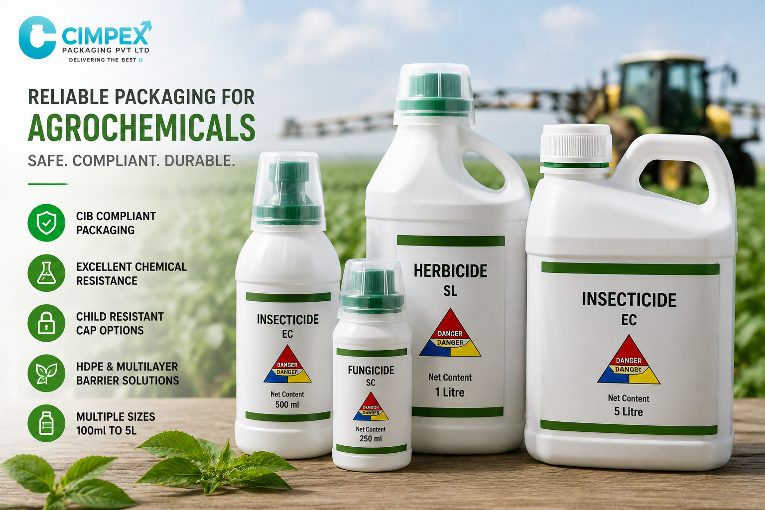 HDPE pesticide bottles in multiple sizes (250ml, 500ml, 1L, and 5L) for agrochemical packaging, featuring CIB-compliant, chemical-resistant containers for insecticides, herbicides, and fungicides by Cimpex Packaging.