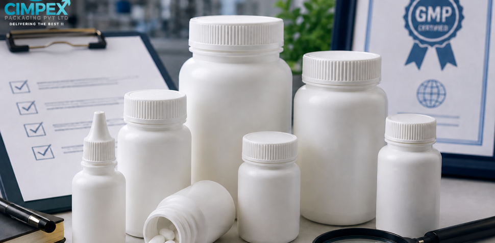 Pharma bottle manufacturer in India showcasing HDPE medicine bottles, GMP quality inspection setup, and Cimpex Packaging Pvt. Ltd. branding for pharmaceutical packaging solutions.