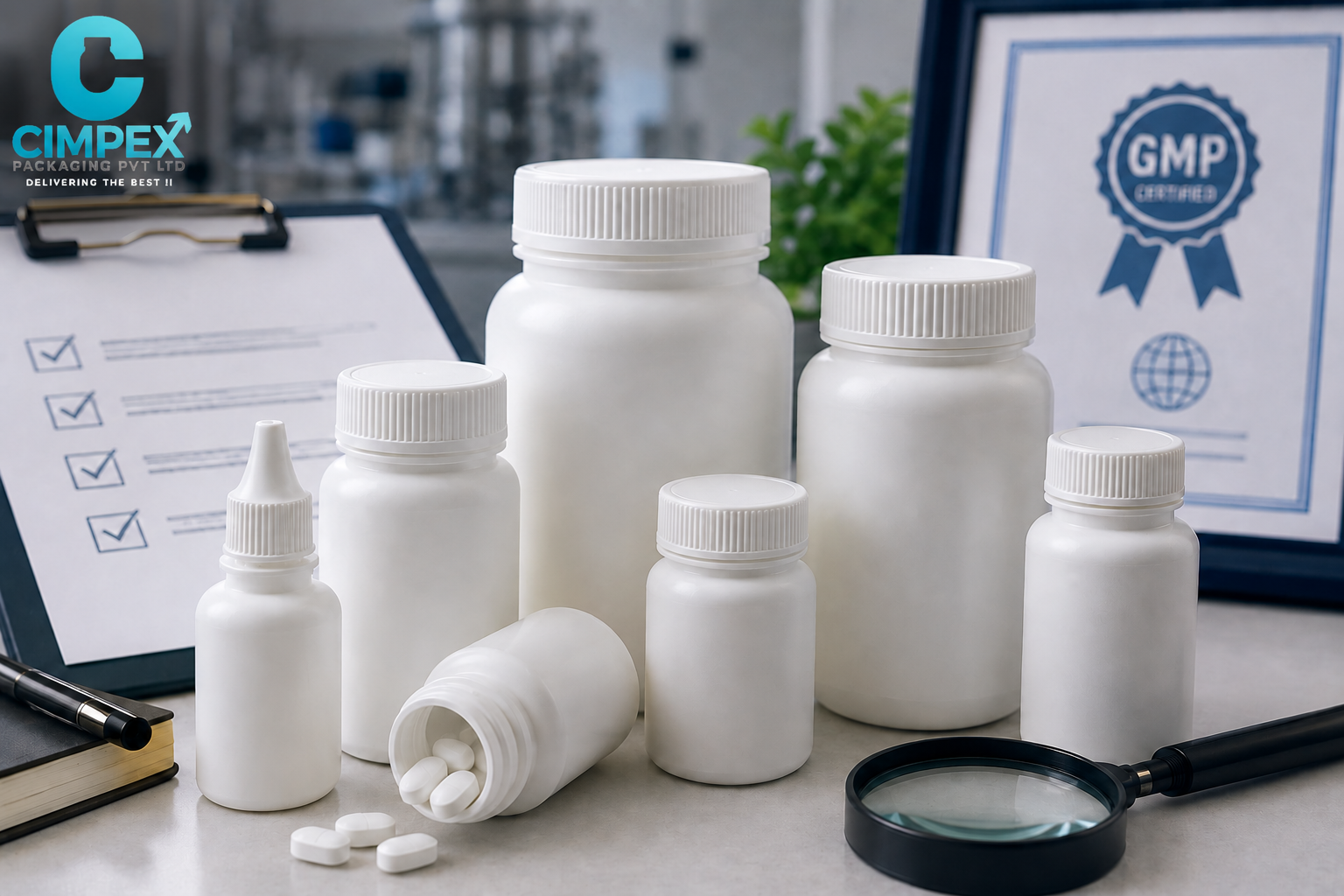 Pharma bottle manufacturer in India showcasing HDPE medicine bottles, GMP quality inspection setup, and Cimpex Packaging Pvt. Ltd. branding for pharmaceutical packaging solutions.