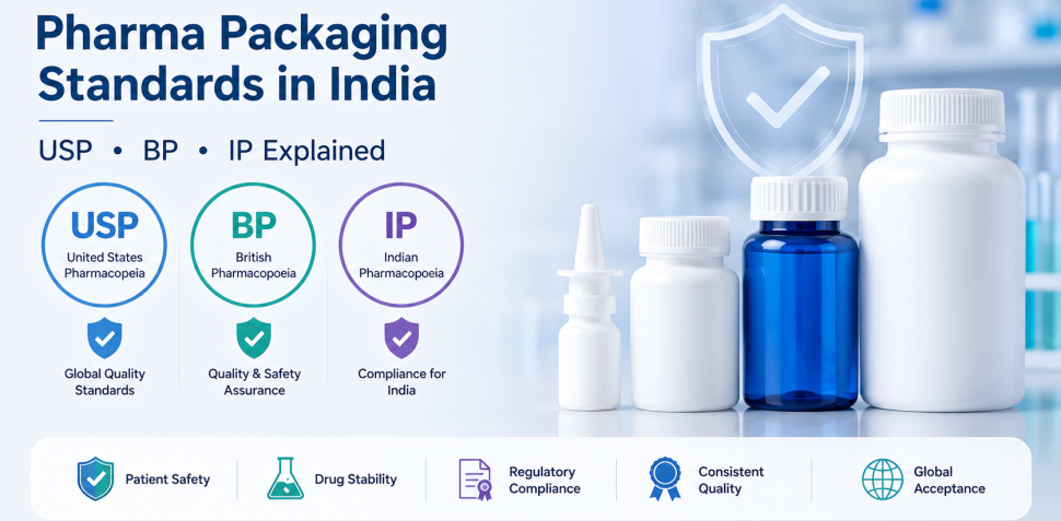 Pharmaceutical packaging standards infographic featuring USP, BP, and IP compliance with HDPE bottles, nasal spray bottle, pharma container, quality assurance icons, and laboratory background.