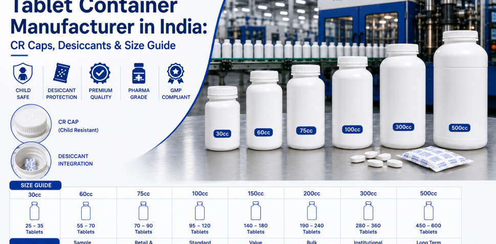 Tablet container manufacturer in India showcasing HDPE pharmaceutical tablet containers with child-resistant caps, desiccant integration, and sizes from 30cc to 500cc.