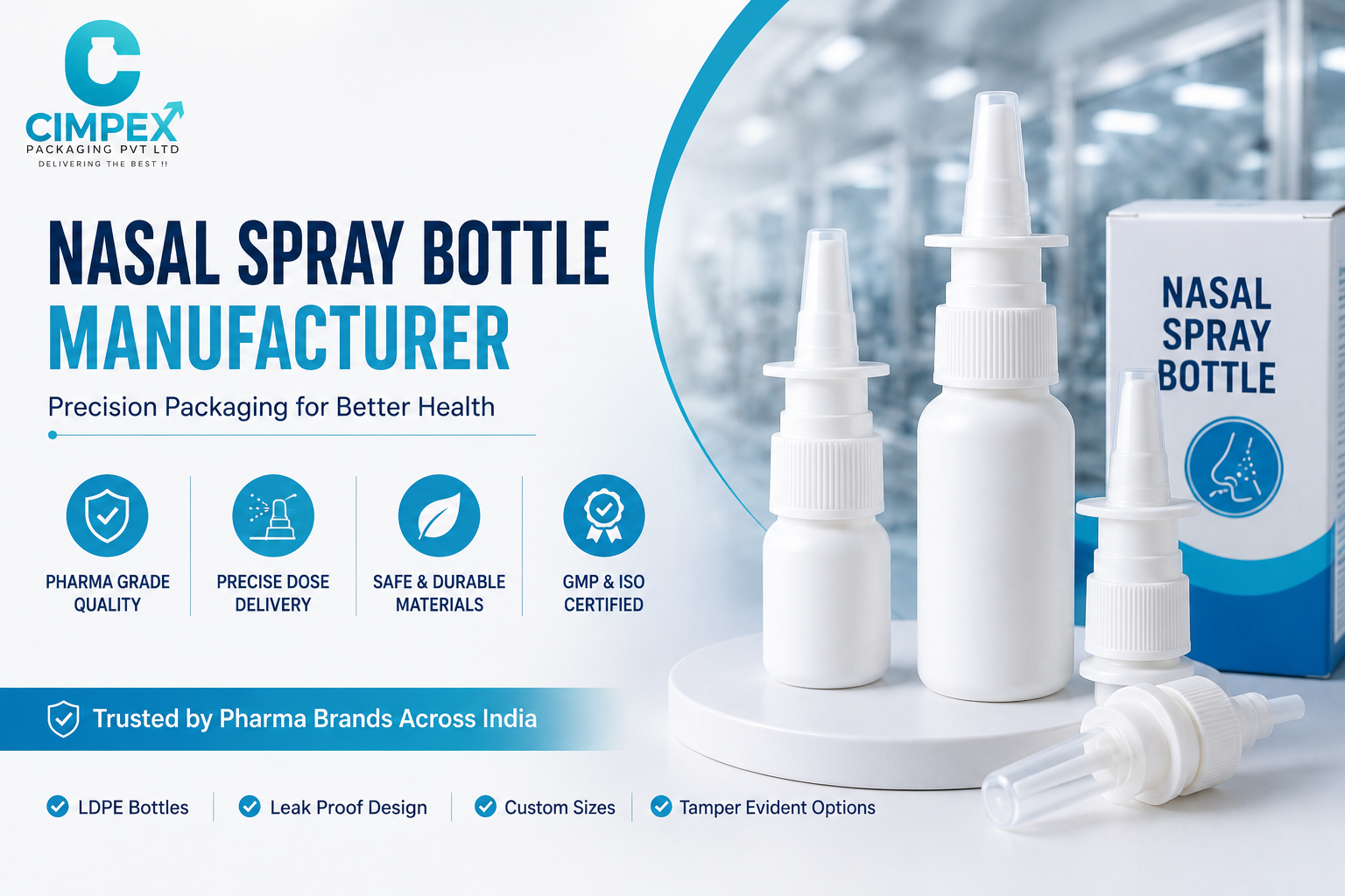 Professional nasal spray bottle packaging with LDPE bottles, precision spray pumps, and pharmaceutical-grade manufacturing by Cimpex Packaging.