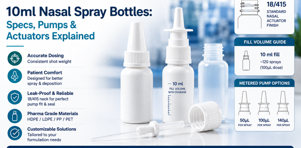 10ml nasal spray bottles with metered pumps and actuators, featuring 18/415 neck finish, multiple dose options, and pharmaceutical-grade packaging specifications.