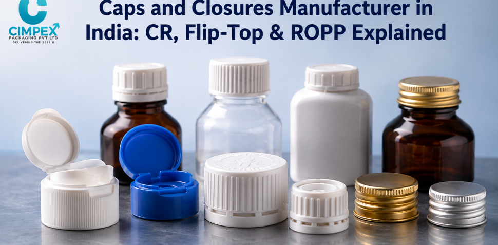 Caps and closures manufacturer in India showcasing CR, flip-top, screw and ROPP closures for pharmaceutical and plastic bottles.