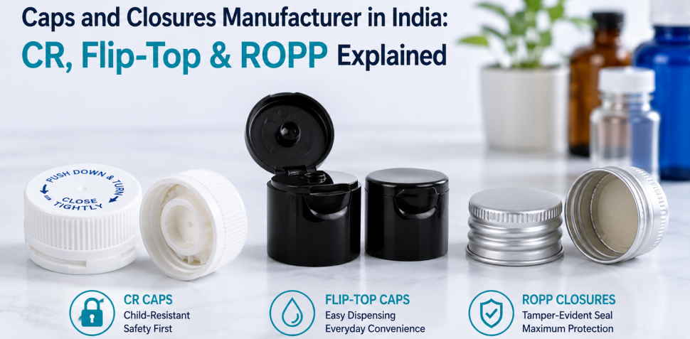 Caps and closures manufacturer in India featuring CR caps, flip-top caps, and ROPP closures for pharmaceutical and packaging applications.