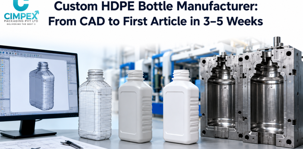 Custom HDPE bottle manufacturing process showing CAD design, prototype bottles, finished bottles, and mould tooling.