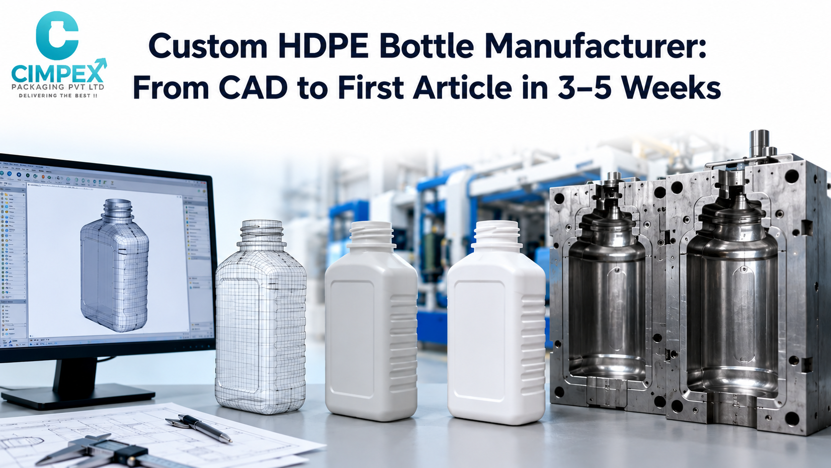 Custom HDPE bottle manufacturing process showing CAD design, prototype bottles, finished bottles, and mould tooling.