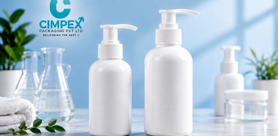White dispenser pump bottles in different sizes for cosmetic and personal care packaging.