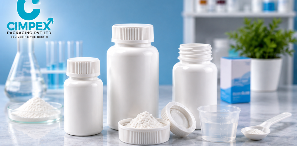 Dry syrup bottles with pharmaceutical powder, measuring cup, spoon and caps for accurate dosing and reconstitution.