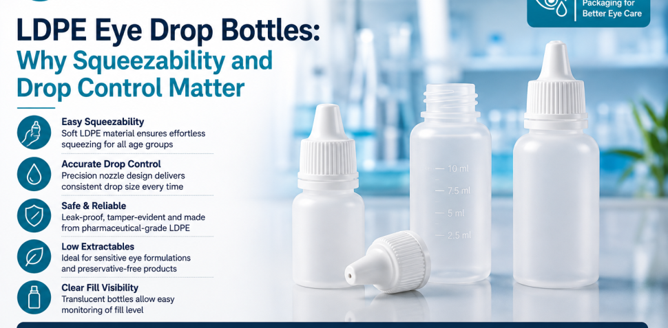 LDPE eye drop bottles with precision nozzles designed for easy squeezability, accurate drop control, leak resistance, and ophthalmic packaging.