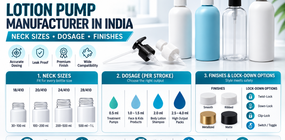 Lotion Pump Manufacturer in India infographic showing neck sizes, dosage per stroke, finishes, lock-down options, and premium lotion pump bottles by Cimpex Packaging Pvt. Ltd.