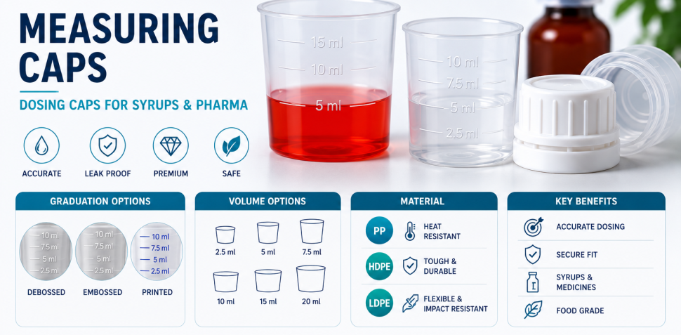 Measuring Caps Manufacturer infographic featuring PP and HDPE dosing caps for syrup and pharmaceutical bottles with graduated volume markings, food-grade materials, and accurate dosing by Cimpex Packaging Pvt. Ltd.