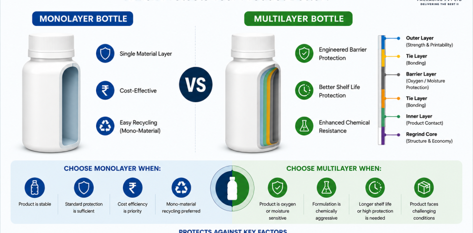 Infographic comparing multilayer and monolayer bottles, highlighting barrier protection, cost efficiency, recycling, chemical resistance, shelf life, and protection against oxygen, moisture, light, odors, chemicals, and solvents.