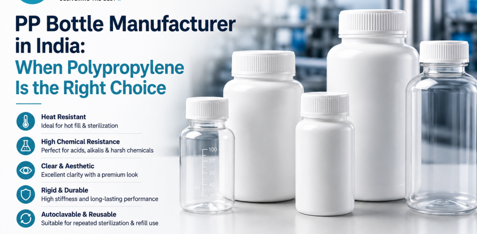 PP bottle manufacturer in India showcasing heat-resistant, chemical-resistant, durable, and customizable polypropylene bottles for pharmaceutical and chemical packaging.
