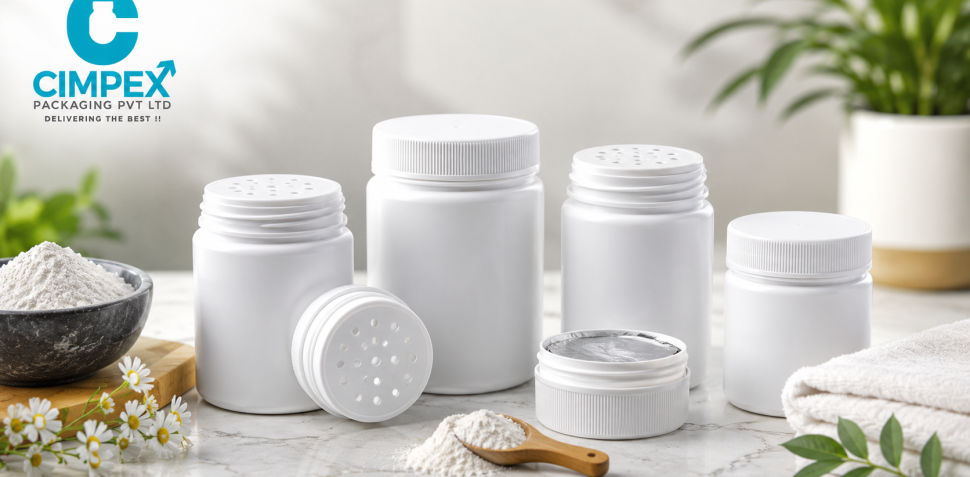 Food-grade HDPE powder jars with sifter caps for talcum, cosmetic, nutraceutical, and other powder products.