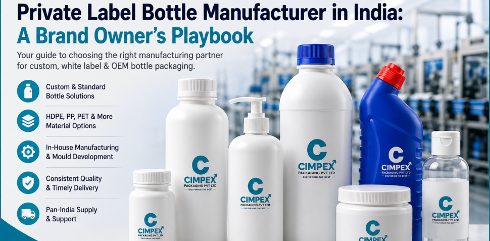 Private label bottle manufacturer in India showcasing custom HDPE, PP and PET bottles with various caps and packaging options.