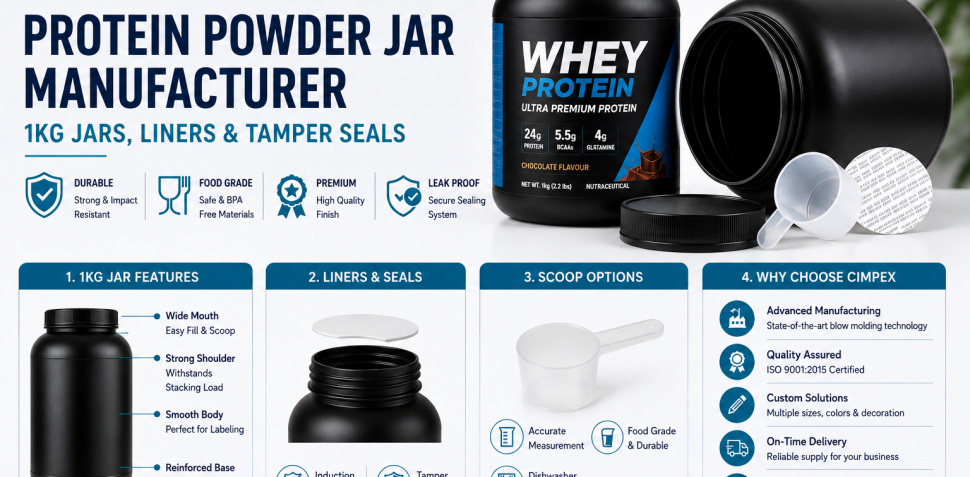 Protein Powder Jar Manufacturer infographic showcasing 1kg HDPE protein jars, tamper-evident liners, induction seals, measuring scoop, and food-grade packaging solutions by Cimpex Packaging Pvt. Ltd.