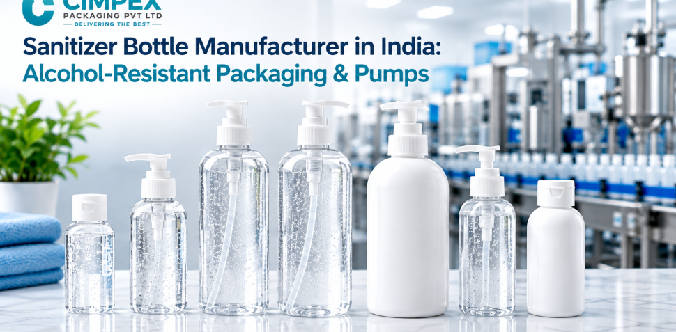 Sanitizer bottles with pump dispensers and flip-top caps displayed in a modern manufacturing facility