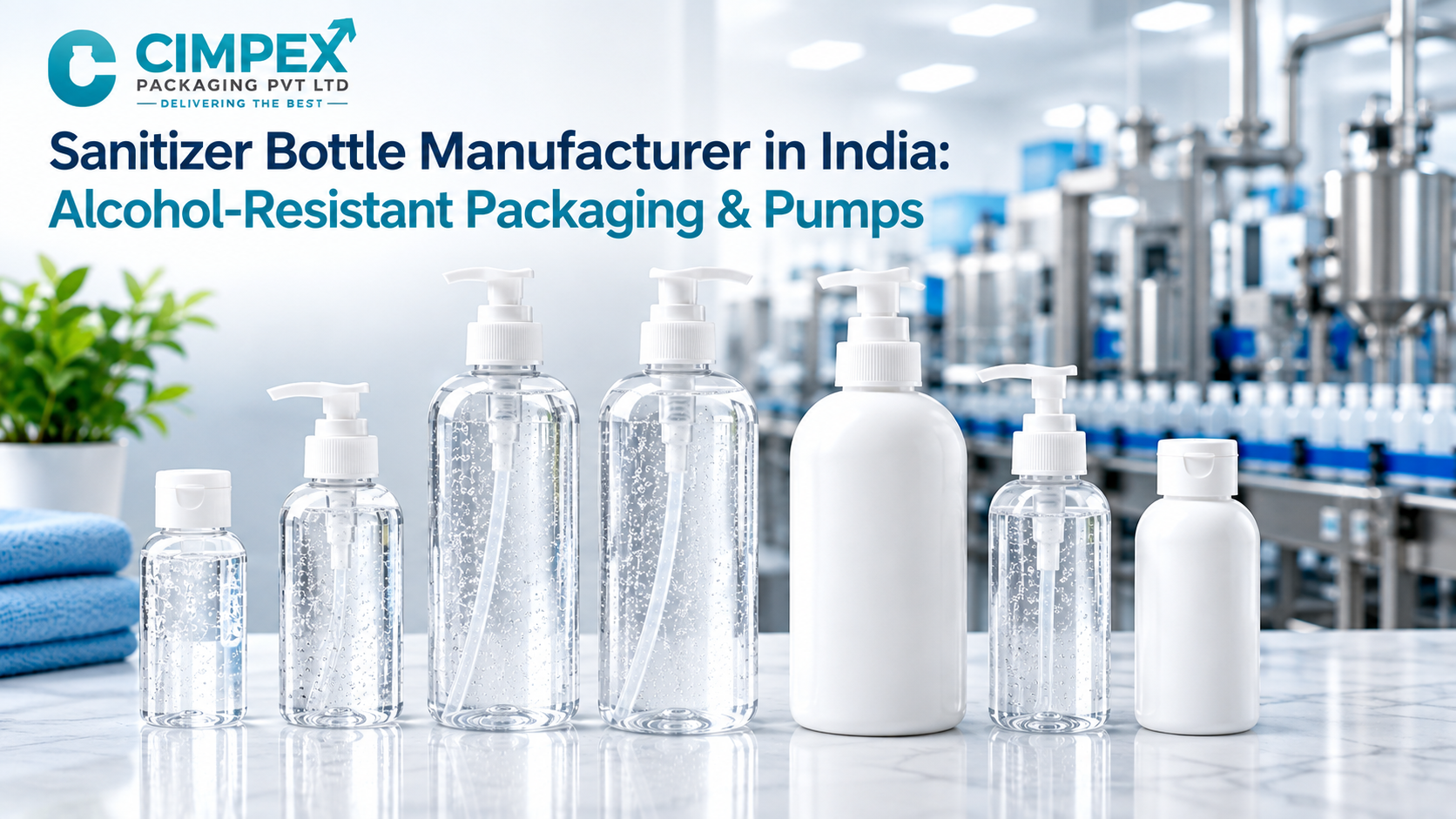 Sanitizer bottles with pump dispensers and flip-top caps displayed in a modern manufacturing facility