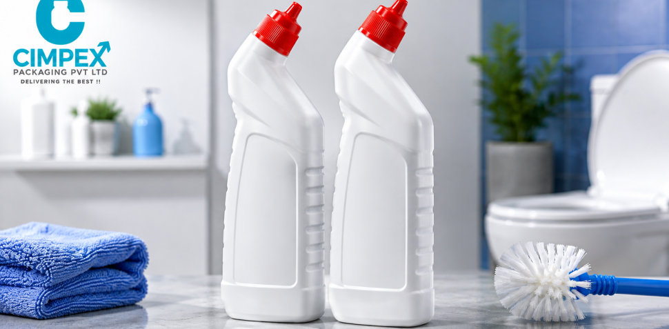 Acid-resistant bent-neck HDPE toilet cleaner bottles with red caps for under-rim cleaning applications.
