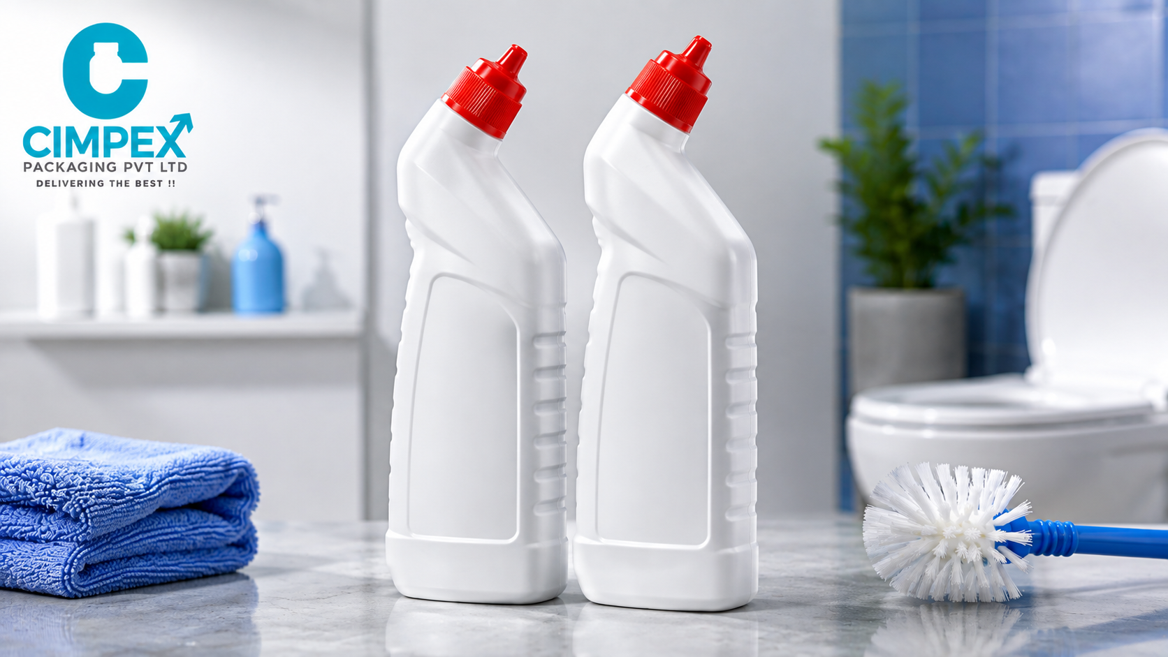 Acid-resistant bent-neck HDPE toilet cleaner bottles with red caps for under-rim cleaning applications.