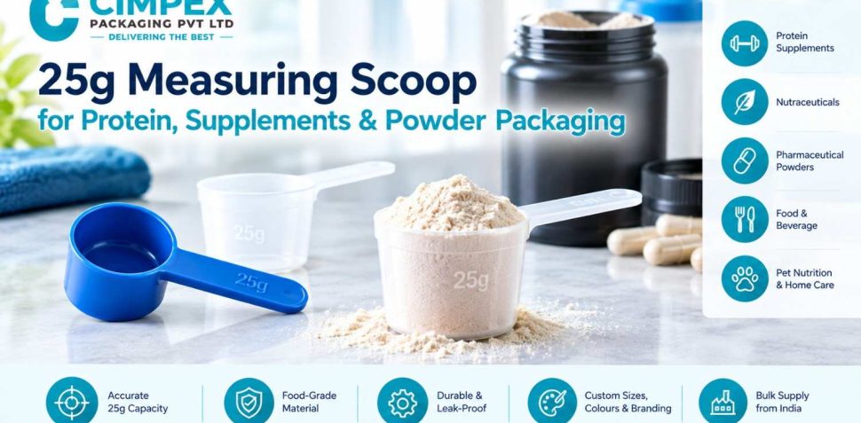 25g measuring scoop for protein supplements, nutraceuticals, pharmaceutical powders, food and beverage products, and pet nutrition.
