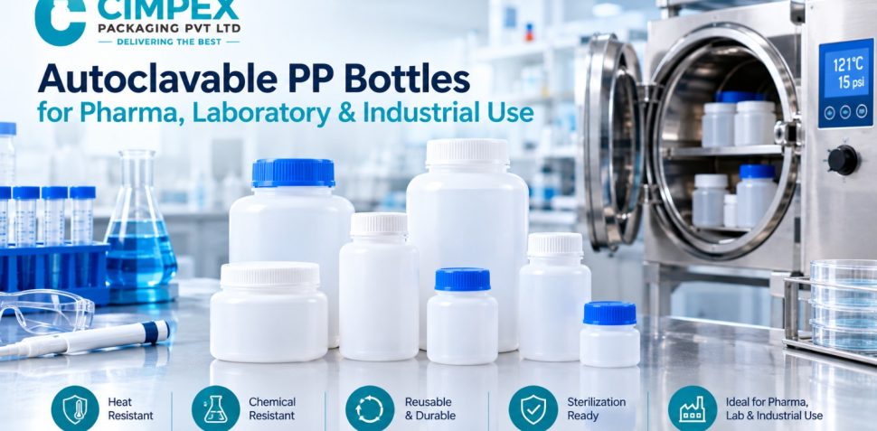 Autoclavable PP bottles for pharmaceutical, laboratory, and industrial use displayed with laboratory equipment and an autoclave.