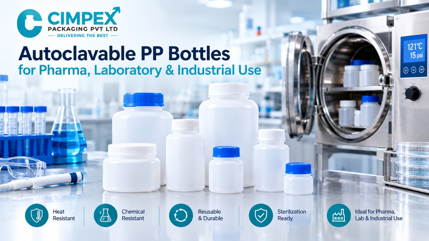 Autoclavable PP bottles for pharmaceutical, laboratory, and industrial use displayed with laboratory equipment and an autoclave.