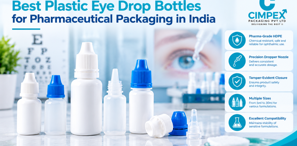 Best plastic eye drop bottles for pharmaceutical packaging in India, featuring pharma-grade bottles, precision dropper nozzles, tamper-evident closures, and multiple sizes.