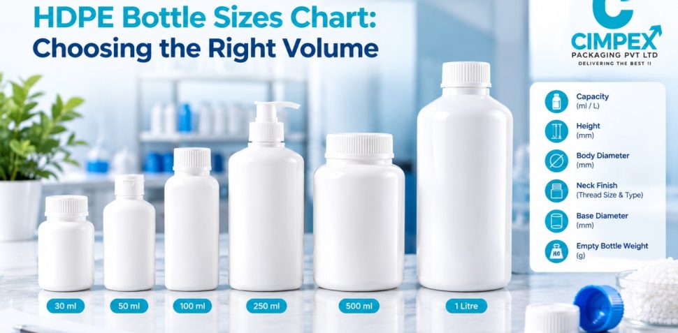 HDPE bottle sizes chart showing 30 ml, 50 ml, 100 ml, 250 ml, 500 ml, and 1 litre bottles for pharmaceutical and FMCG packaging.