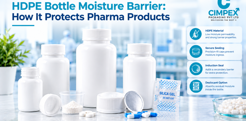 HDPE bottles and pharmaceutical packaging components illustrating moisture barrier protection, secure sealing, induction seals, and desiccant options for sensitive products.