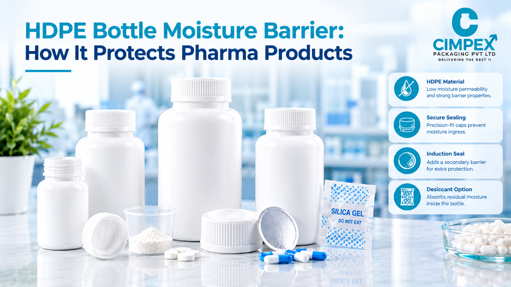HDPE bottles and pharmaceutical packaging components illustrating moisture barrier protection, secure sealing, induction seals, and desiccant options for sensitive products.