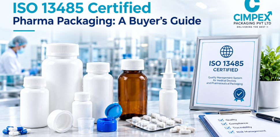 ISO 13485 certified pharma packaging with HDPE bottles, pharmaceutical containers, caps, tablets, capsules, and a quality certification display.