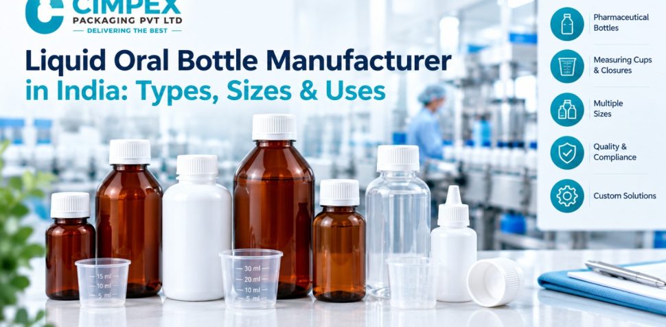 Liquid oral bottles in multiple sizes and materials displayed for pharmaceutical packaging, with measuring cups and closures.