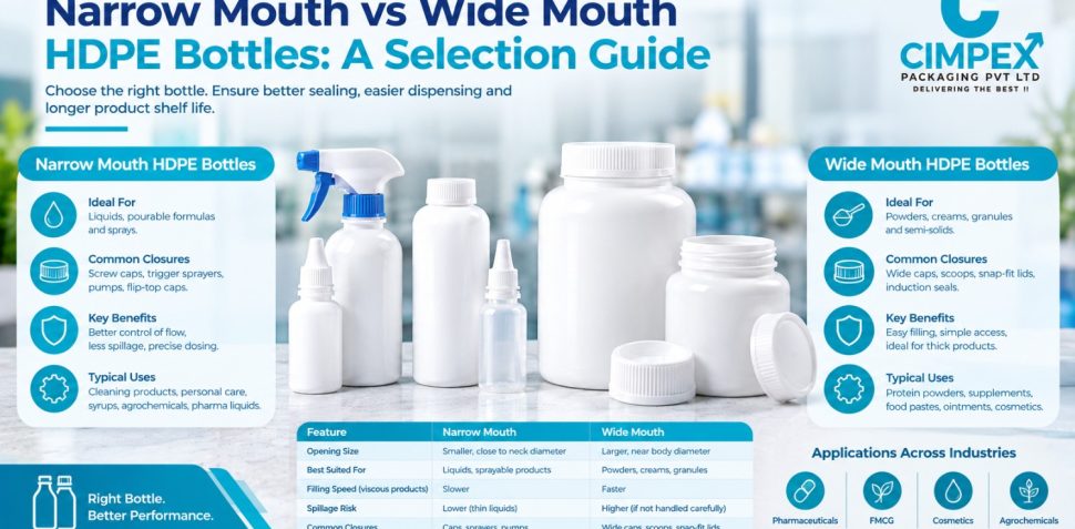 Narrow mouth vs wide mouth HDPE bottles selection guide showing bottle types, closures, benefits, applications, and key differences.