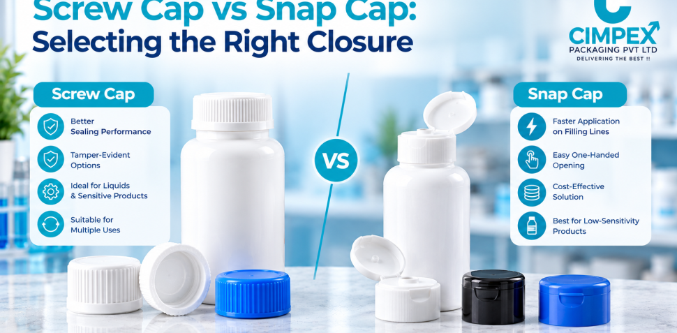 Screw cap vs snap cap comparison showing pharmaceutical bottles and closures with key differences in sealing, application speed, tamper evidence, and usability.