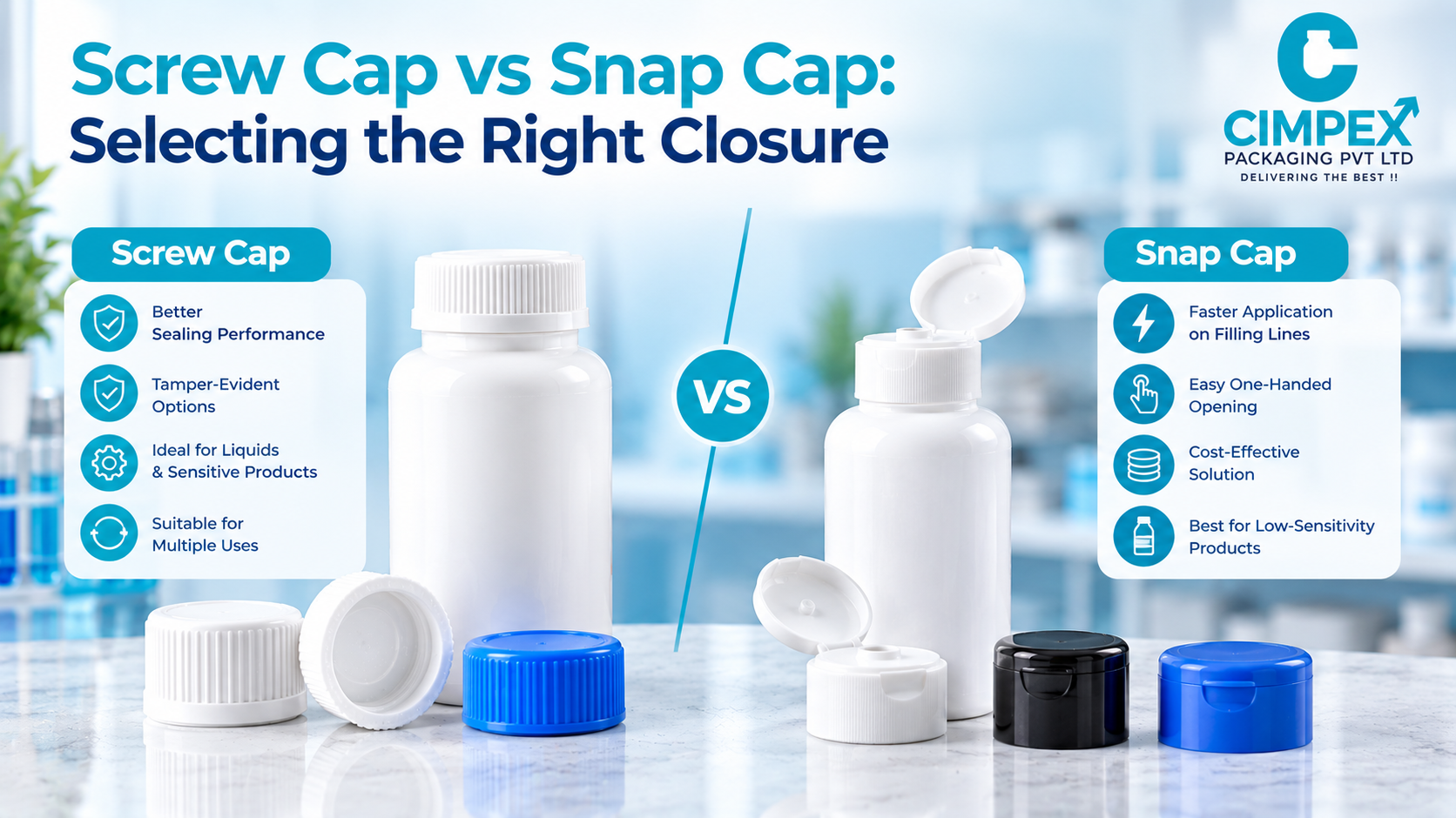 Screw cap vs snap cap comparison showing pharmaceutical bottles and closures with key differences in sealing, application speed, tamper evidence, and usability.