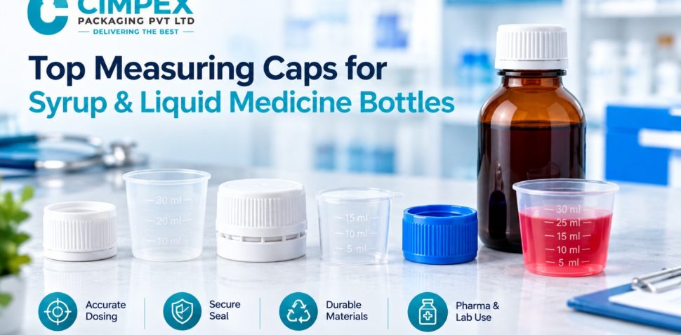 Measuring caps and cups for syrup and liquid medicine bottles, showing different sizes, closures, and graduated markings.