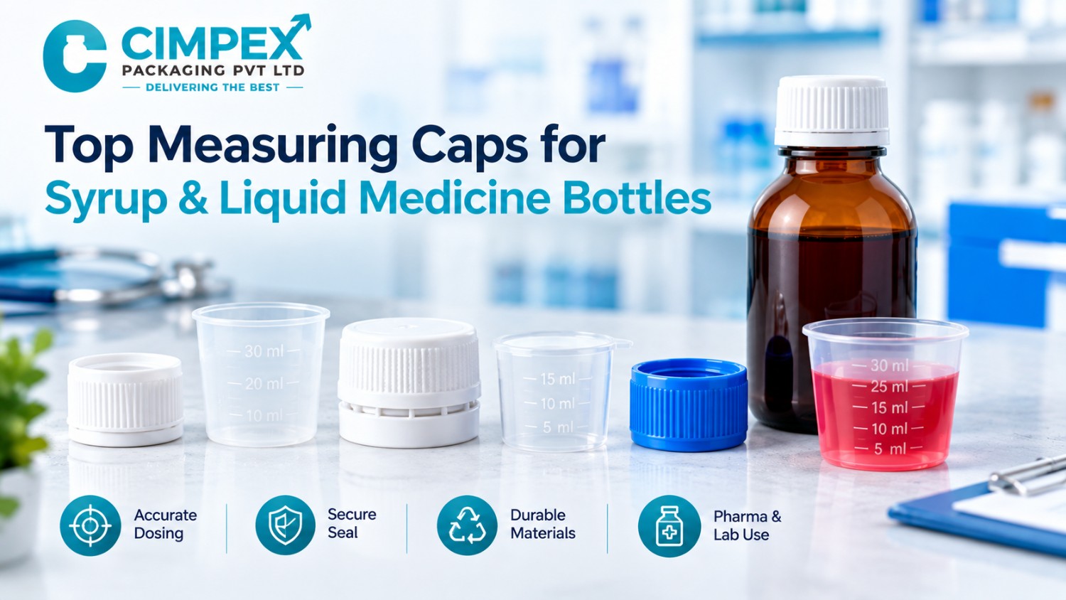 Measuring caps and cups for syrup and liquid medicine bottles, showing different sizes, closures, and graduated markings.