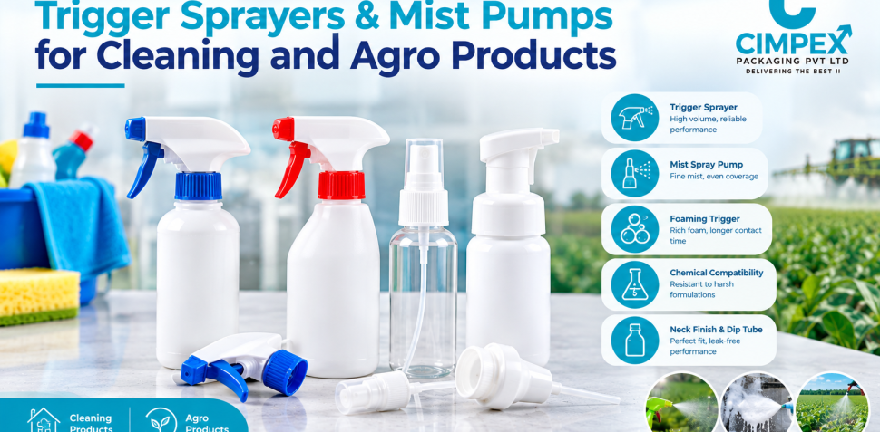 Trigger sprayers and mist spray pumps for cleaning and agrochemical product applications, displayed with plastic bottles and spray accessories.